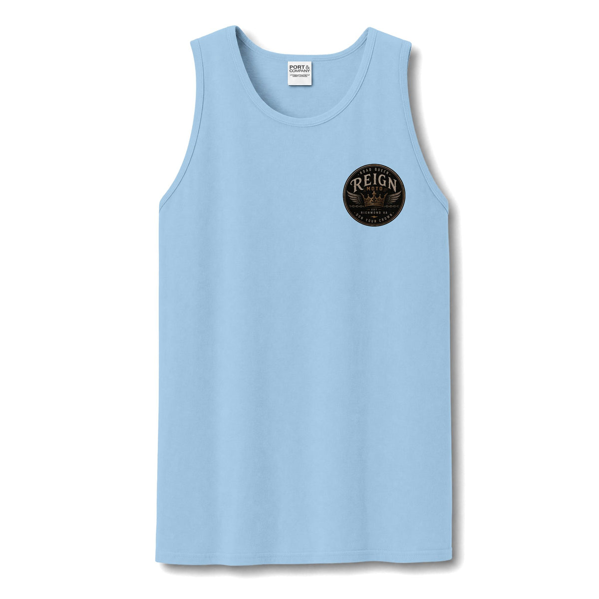 Reign Vintage Crest Tank Top — Distressed Logo Garment-Dyed Muscle Shirt