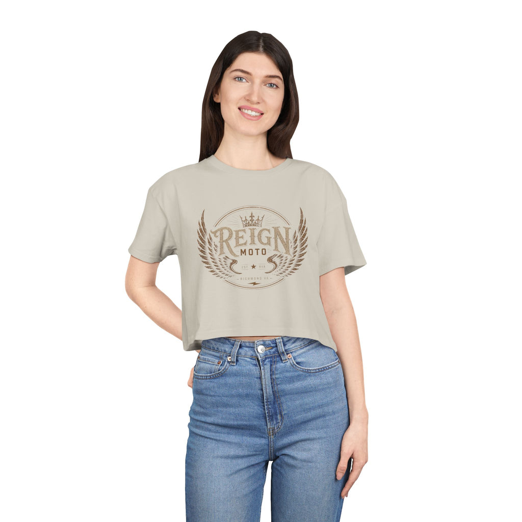 Reign Moto Women's Cropped Tee — Vintage Motorcycle Crest Crop Top