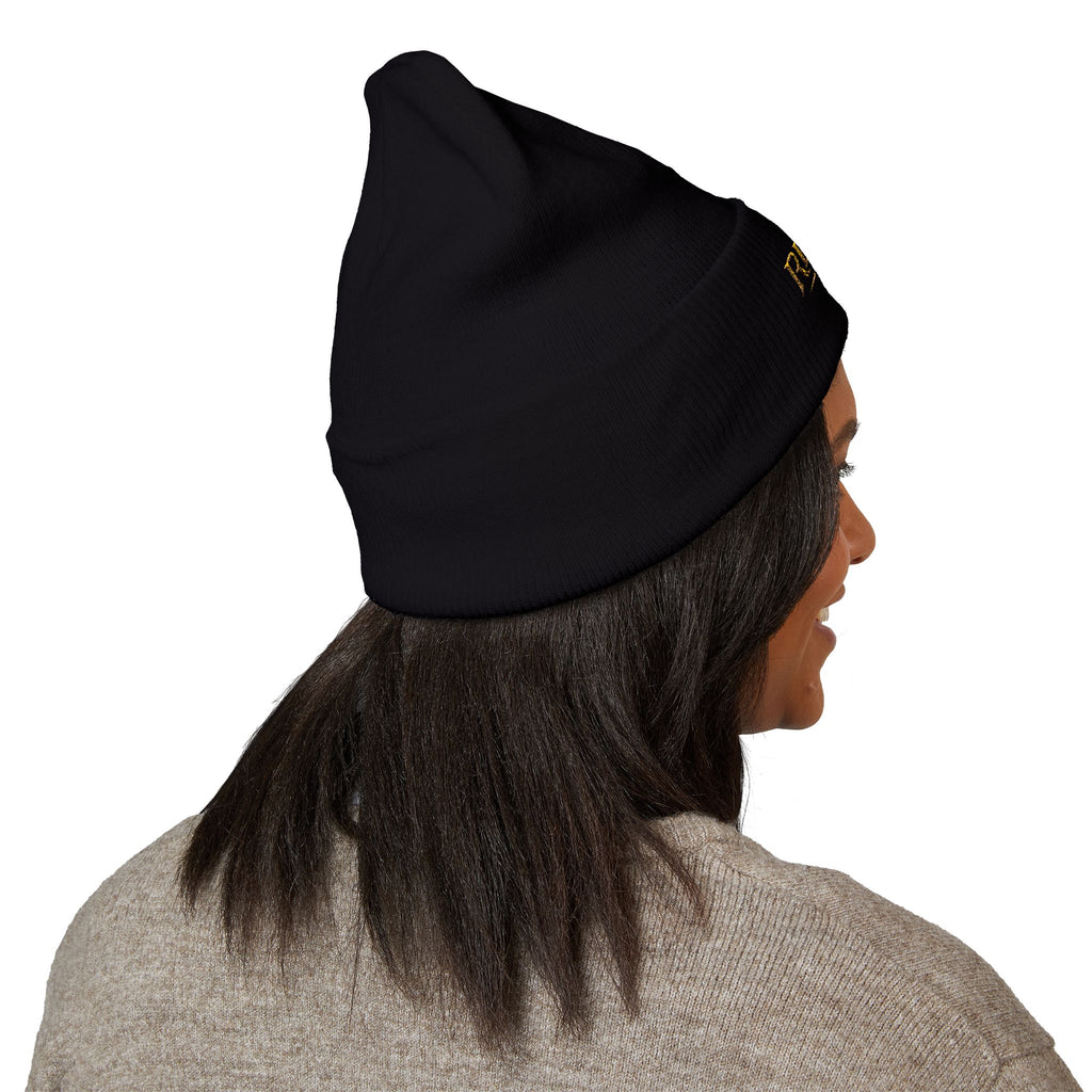 Embroidered "Reign" Cuffed Beanie — Gold Logo Knit Hat