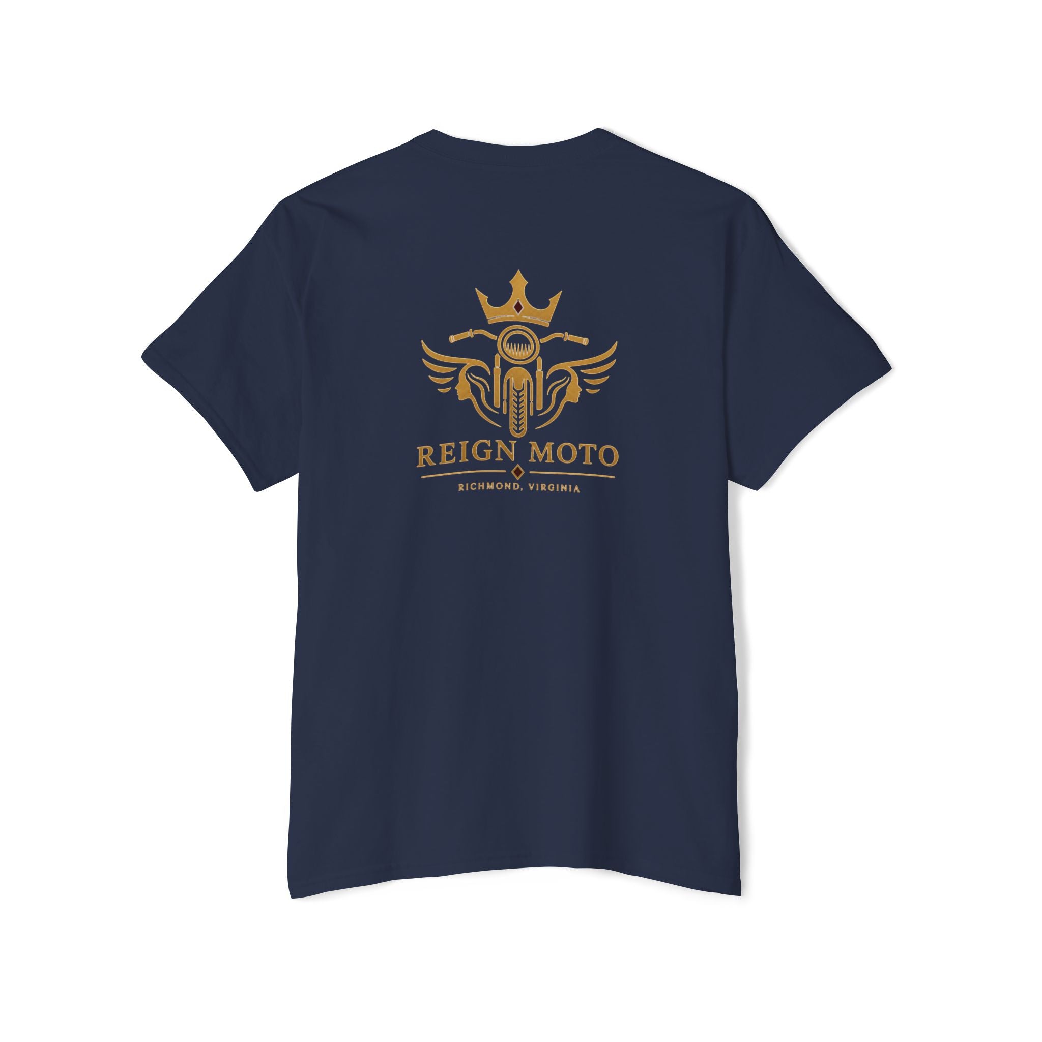 Reign Moto Pocket Tee — Gold Crown Motorcycle Logo