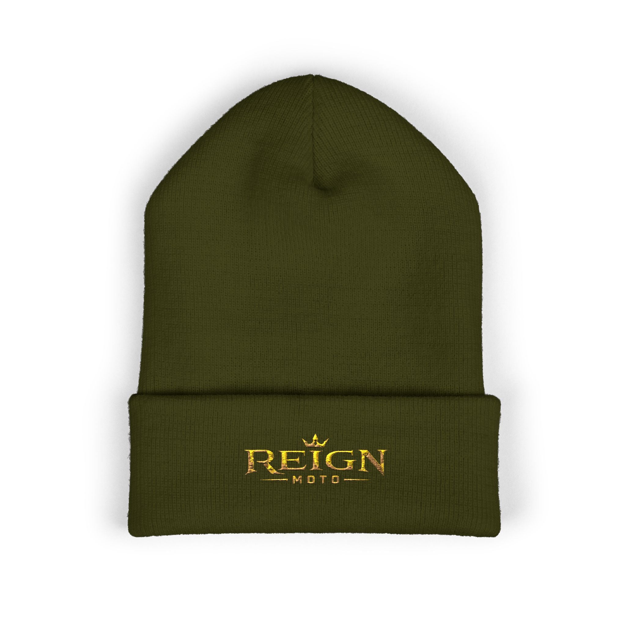 Embroidered "Reign" Cuffed Beanie — Gold Logo Knit Hat