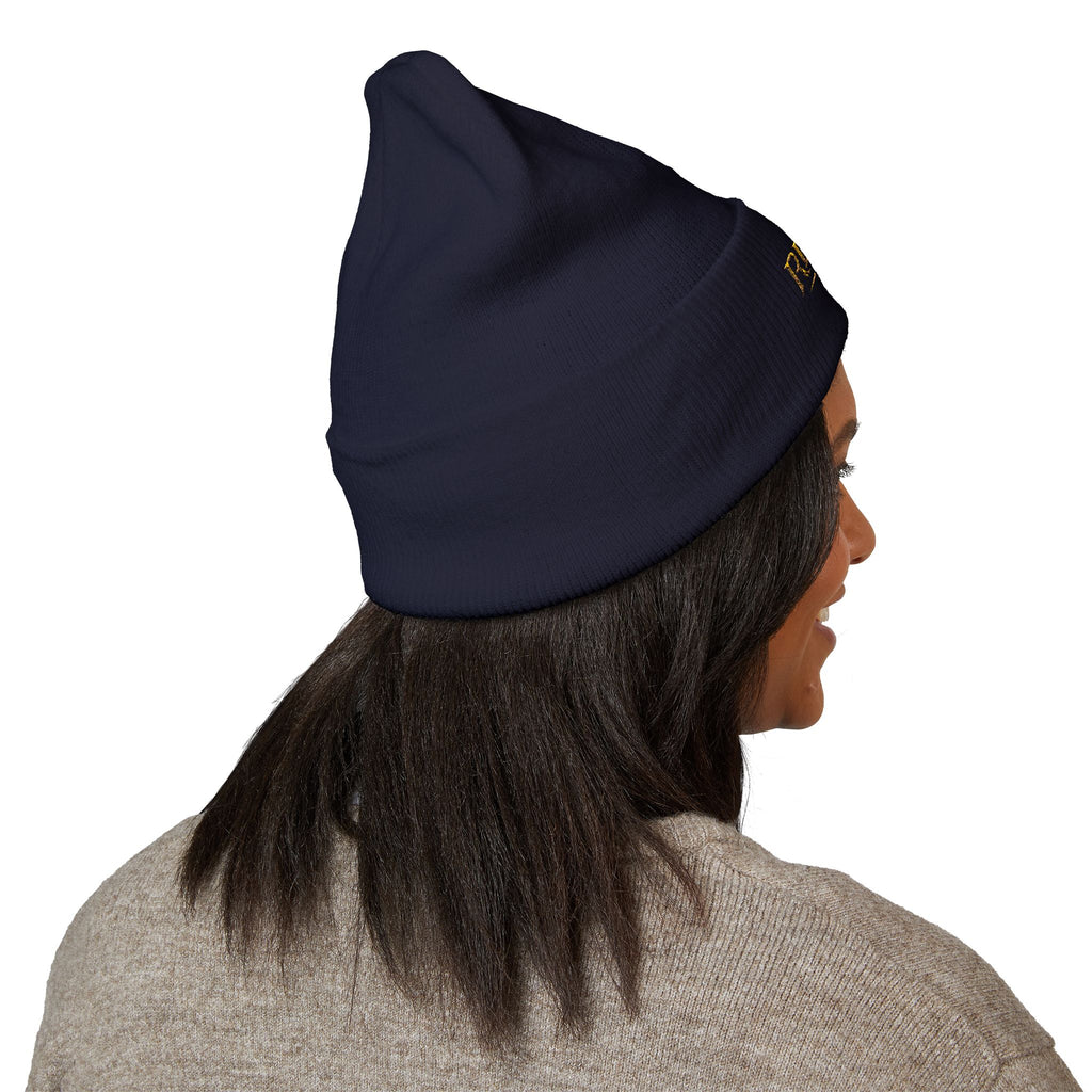 Embroidered "Reign" Cuffed Beanie — Gold Logo Knit Hat