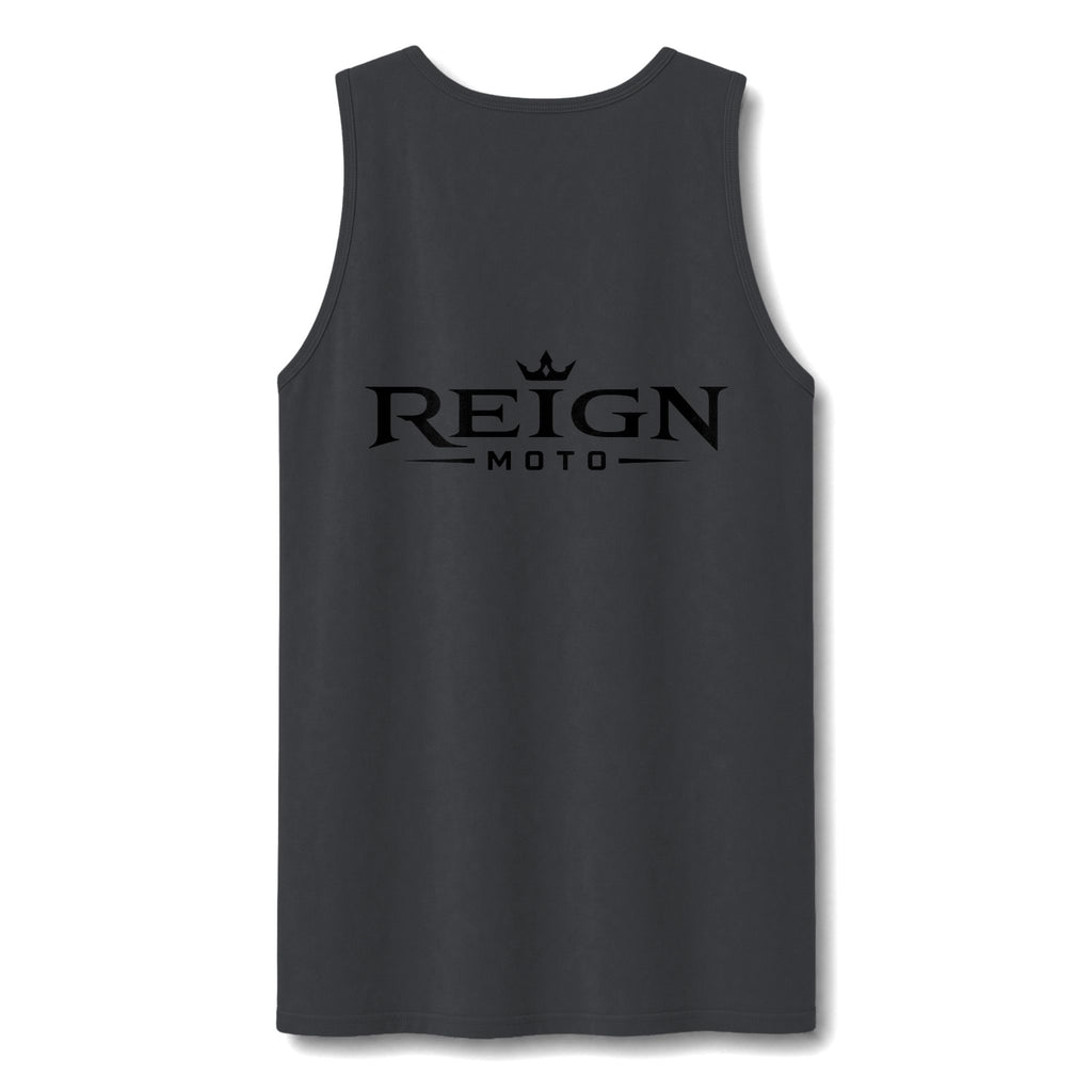 Reign Vintage Crest Tank Top — Distressed Logo Garment-Dyed Muscle Shirt