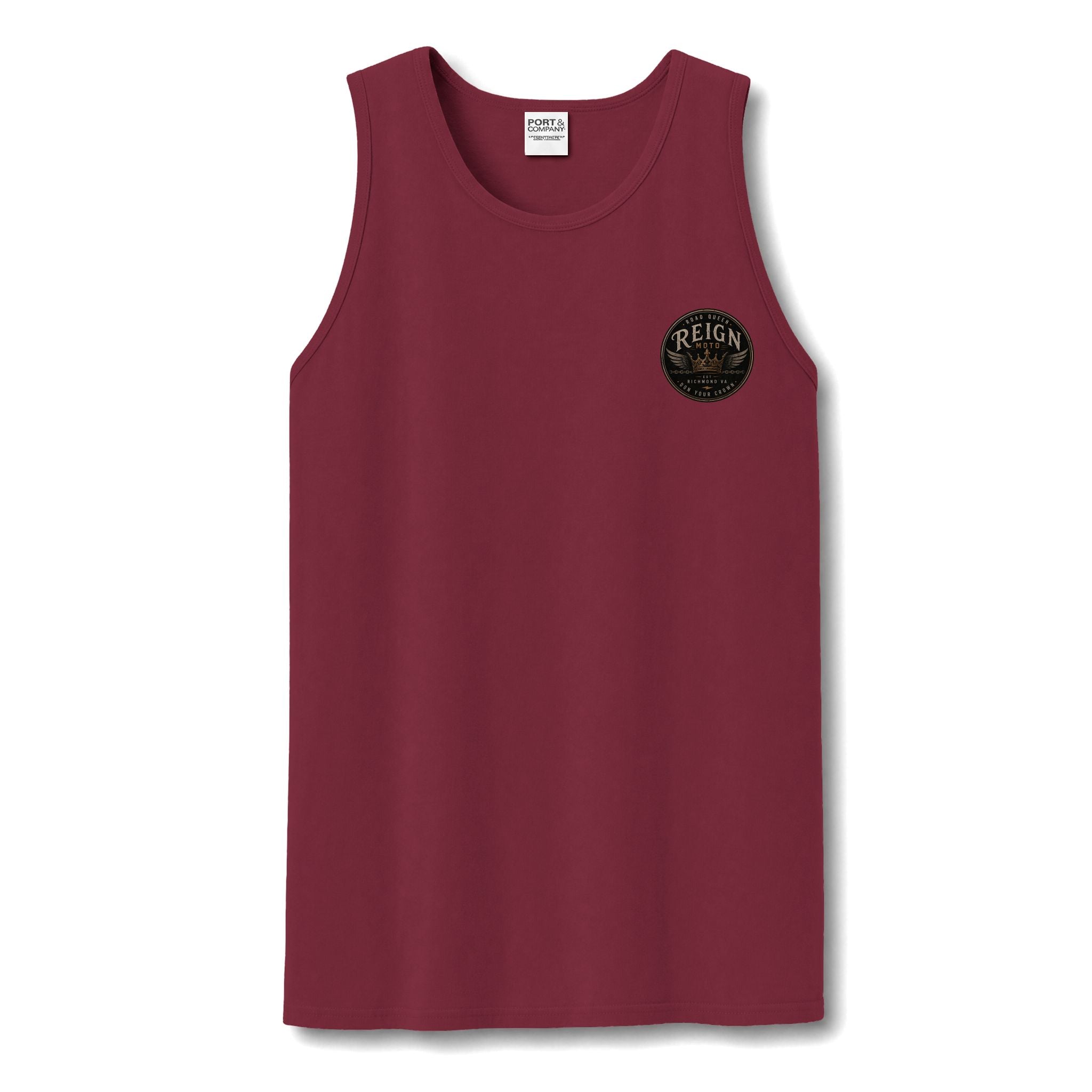 Reign Vintage Crest Tank Top — Distressed Logo Garment-Dyed Muscle Shirt