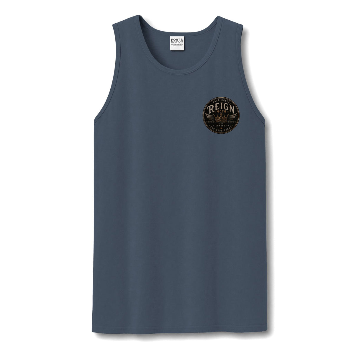 Reign Vintage Crest Tank Top — Distressed Logo Garment-Dyed Muscle Shirt