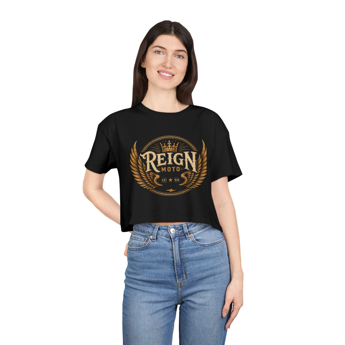 Reign Moto Women's Cropped Tee — Vintage Motorcycle Crest Crop Top