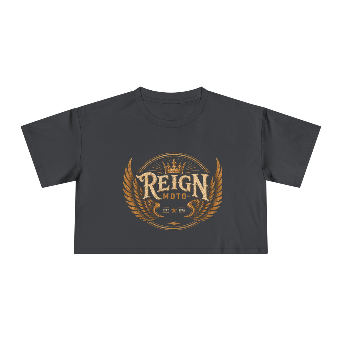 Reign Moto Women's Cropped Tee — Vintage Motorcycle Crest Crop Top