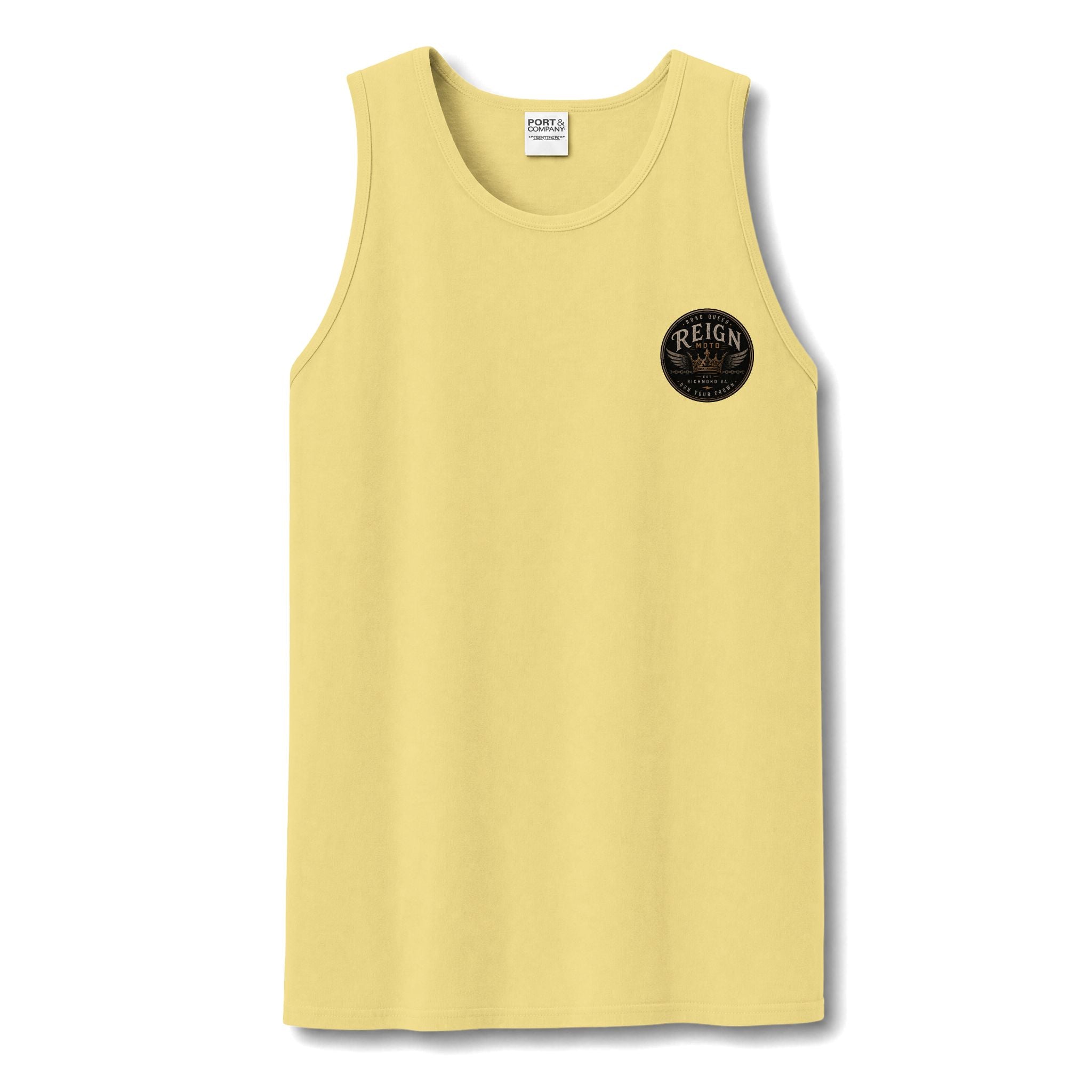 Reign Vintage Crest Tank Top — Distressed Logo Garment-Dyed Muscle Shirt