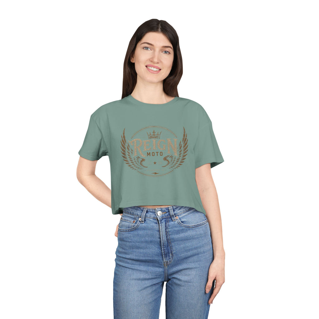 Reign Moto Women's Cropped Tee — Vintage Motorcycle Crest Crop Top