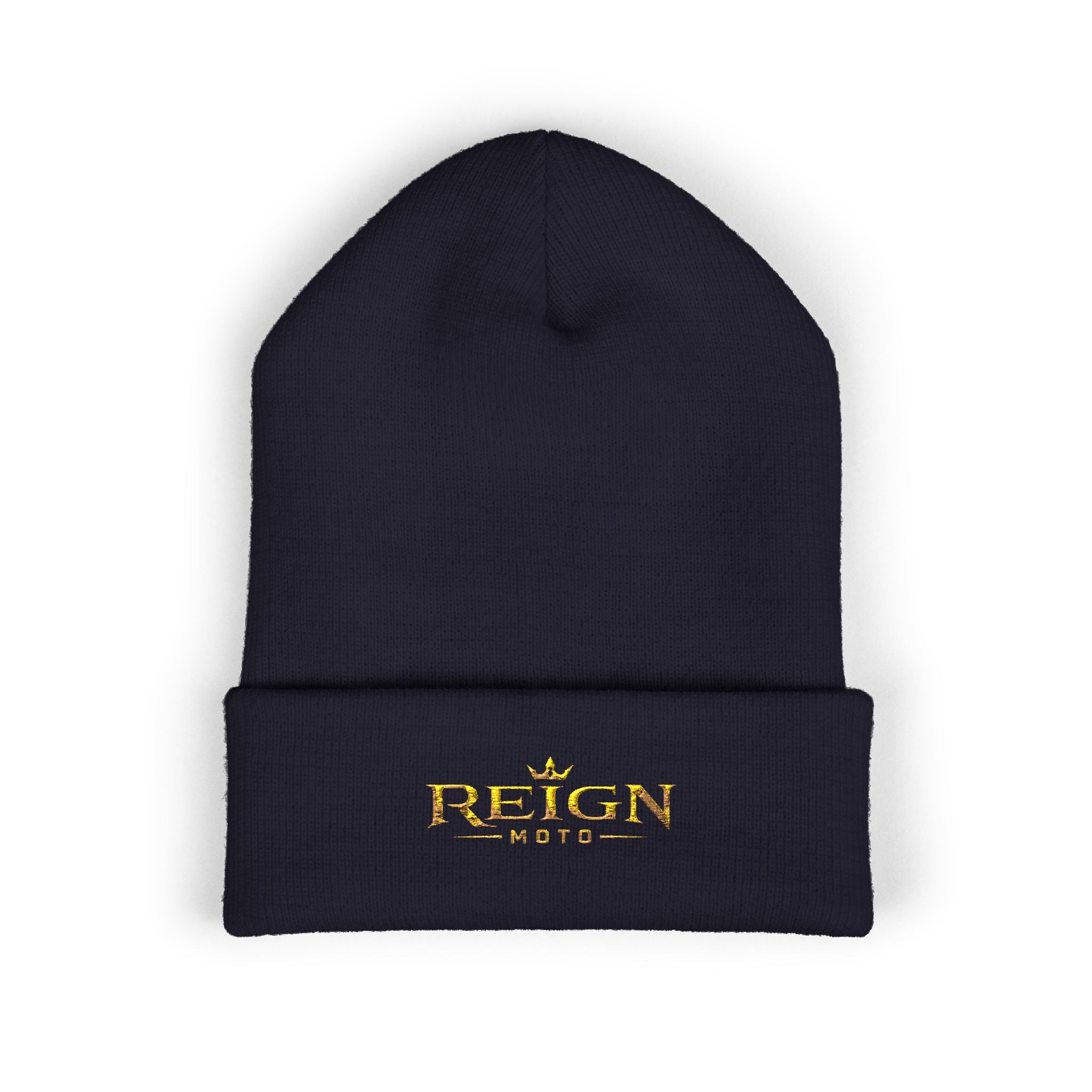 Embroidered "Reign" Cuffed Beanie — Gold Logo Knit Hat