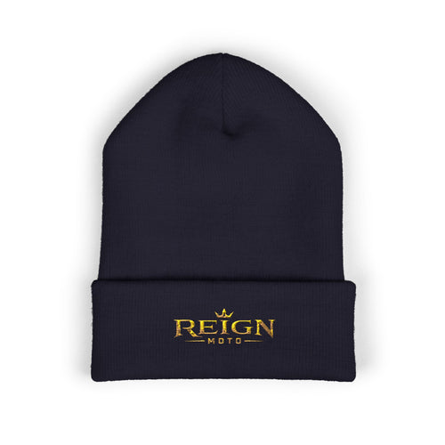 Embroidered "Reign" Cuffed Beanie — Gold Logo Knit Hat