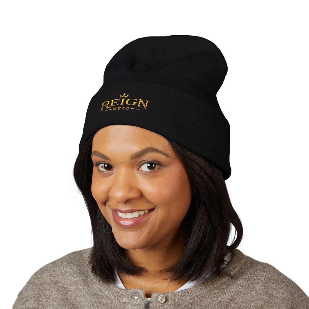 Embroidered "Reign" Cuffed Beanie — Gold Logo Knit Hat