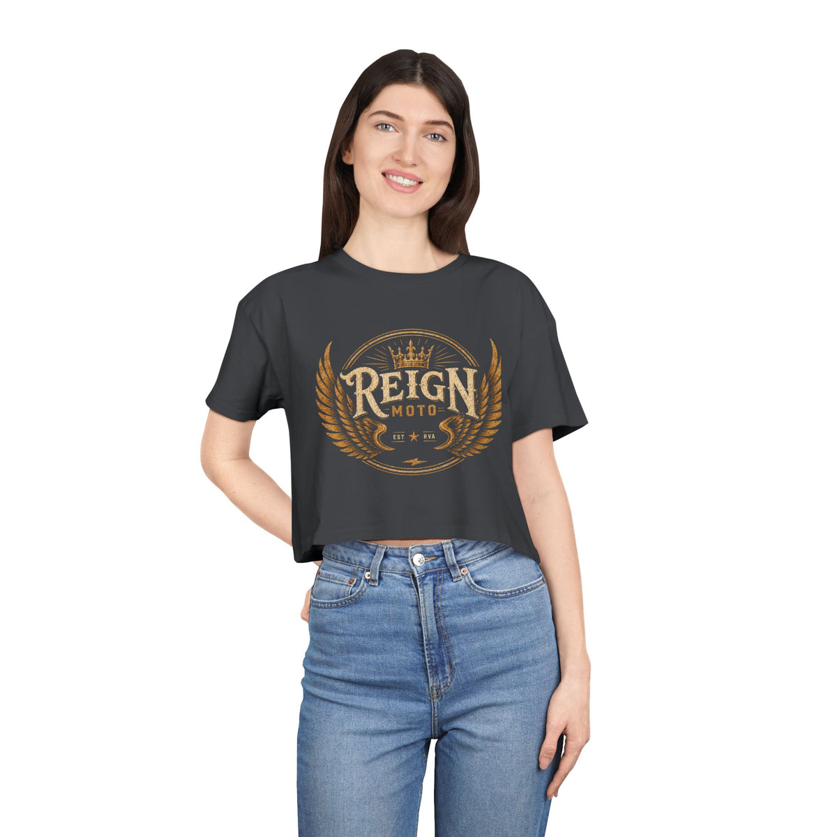 Reign Moto Women's Cropped Tee — Vintage Motorcycle Crest Crop Top