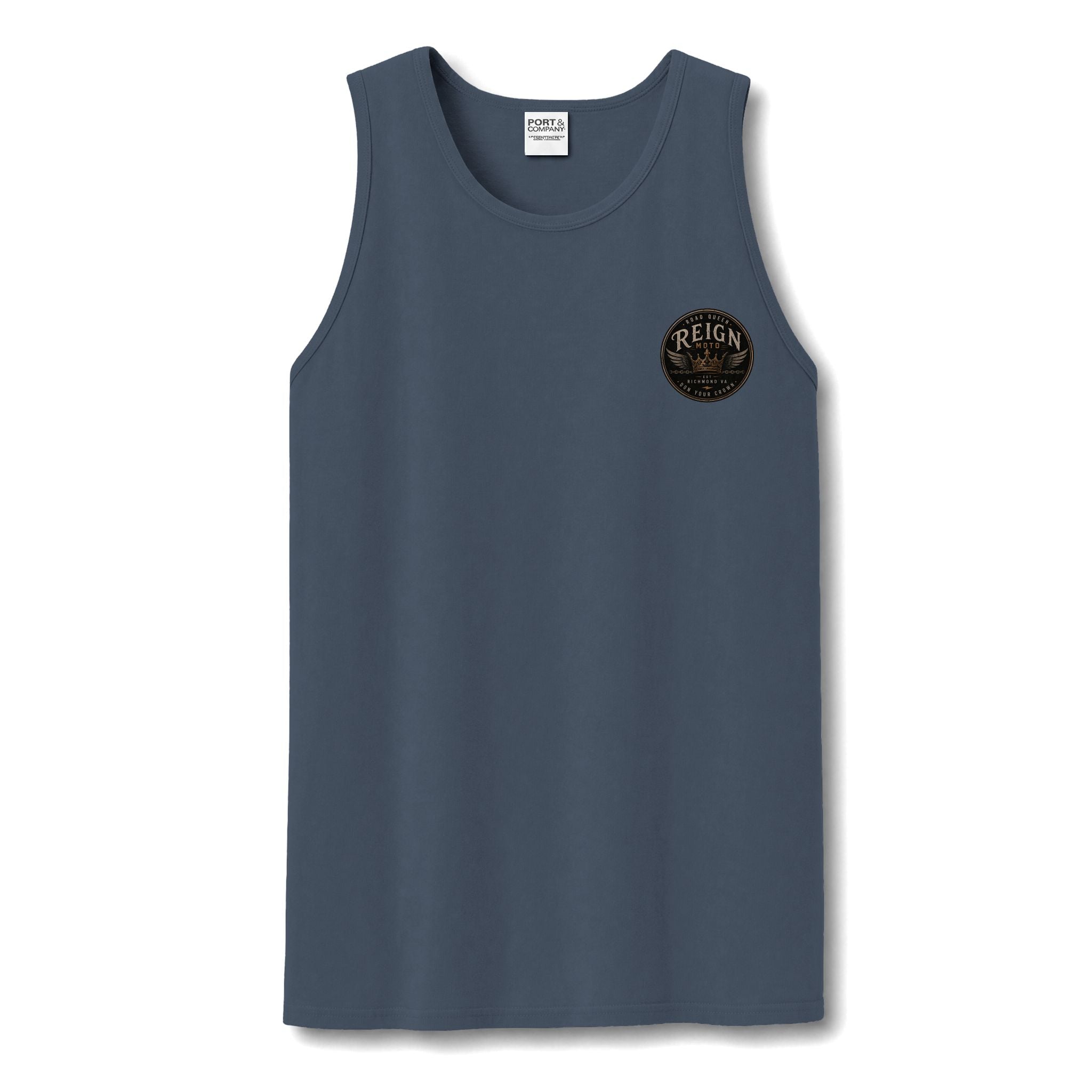 Reign Vintage Crest Tank Top — Distressed Logo Garment-Dyed Muscle Shirt