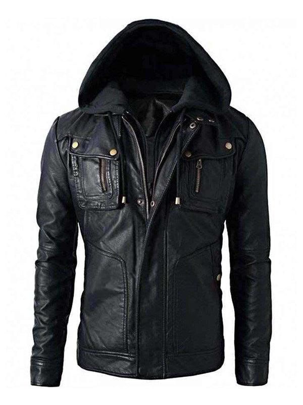 Brando Style Biker Real Leather Detachable Hoodie Motorcycle Jacket – Black