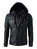 Brando Style Biker Real Leather Detachable Hoodie Motorcycle Jacket – Black