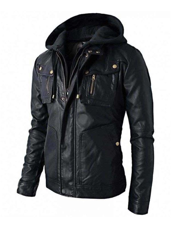 Brando Style Biker Real Leather Detachable Hoodie Motorcycle Jacket – Black