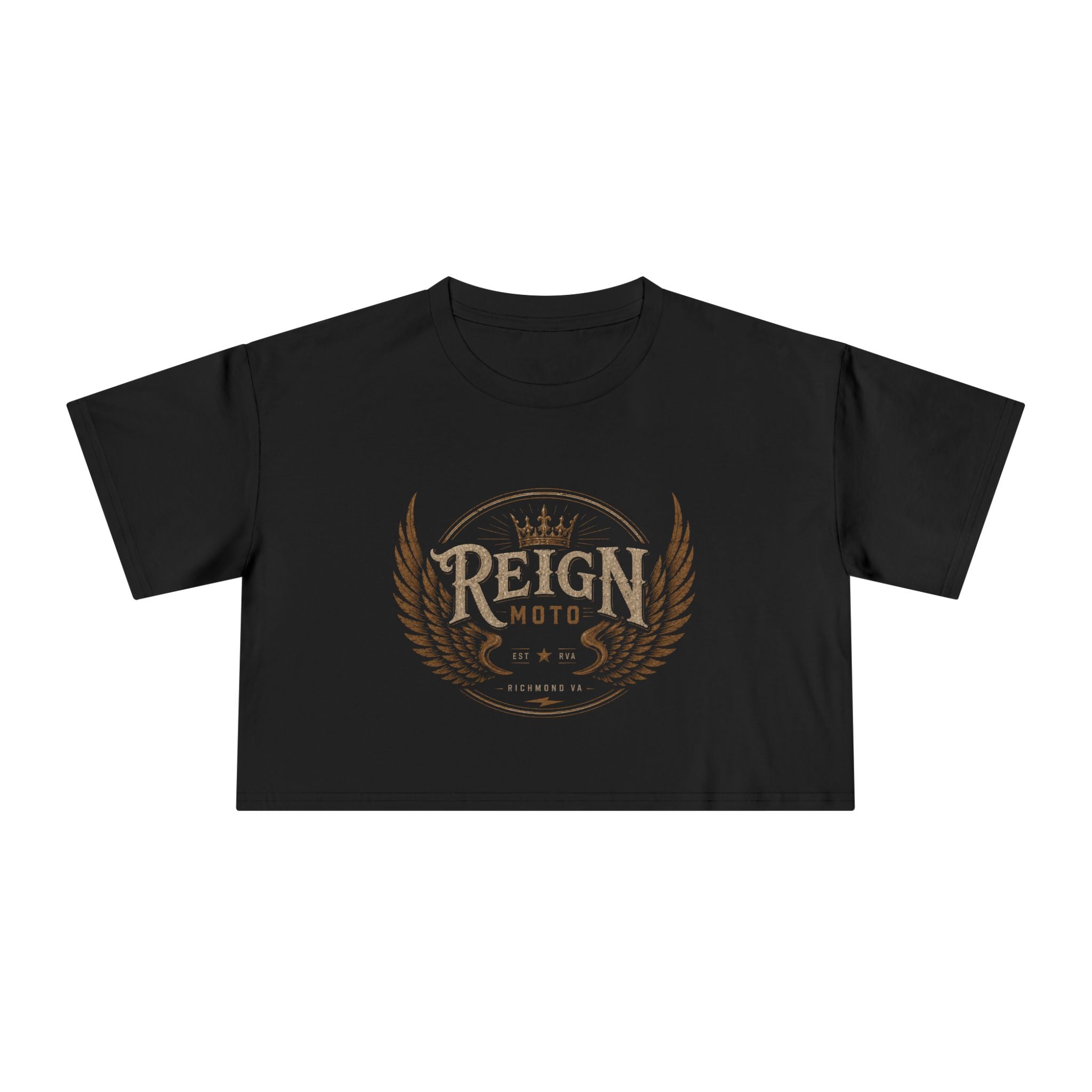 Reign Moto Women's Cropped Tee — Vintage Motorcycle Crest Crop Top