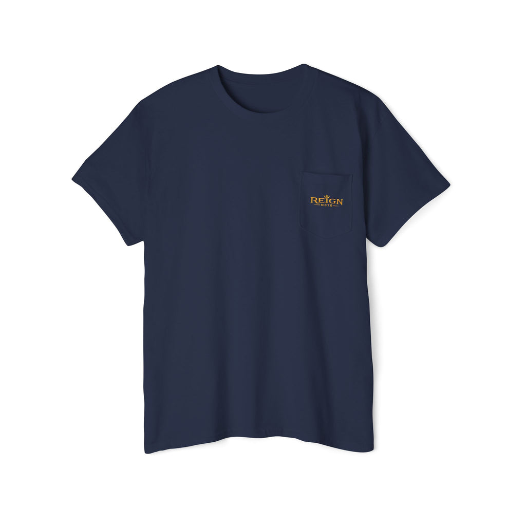 Reign Moto Pocket Tee — Gold Crown Motorcycle Logo