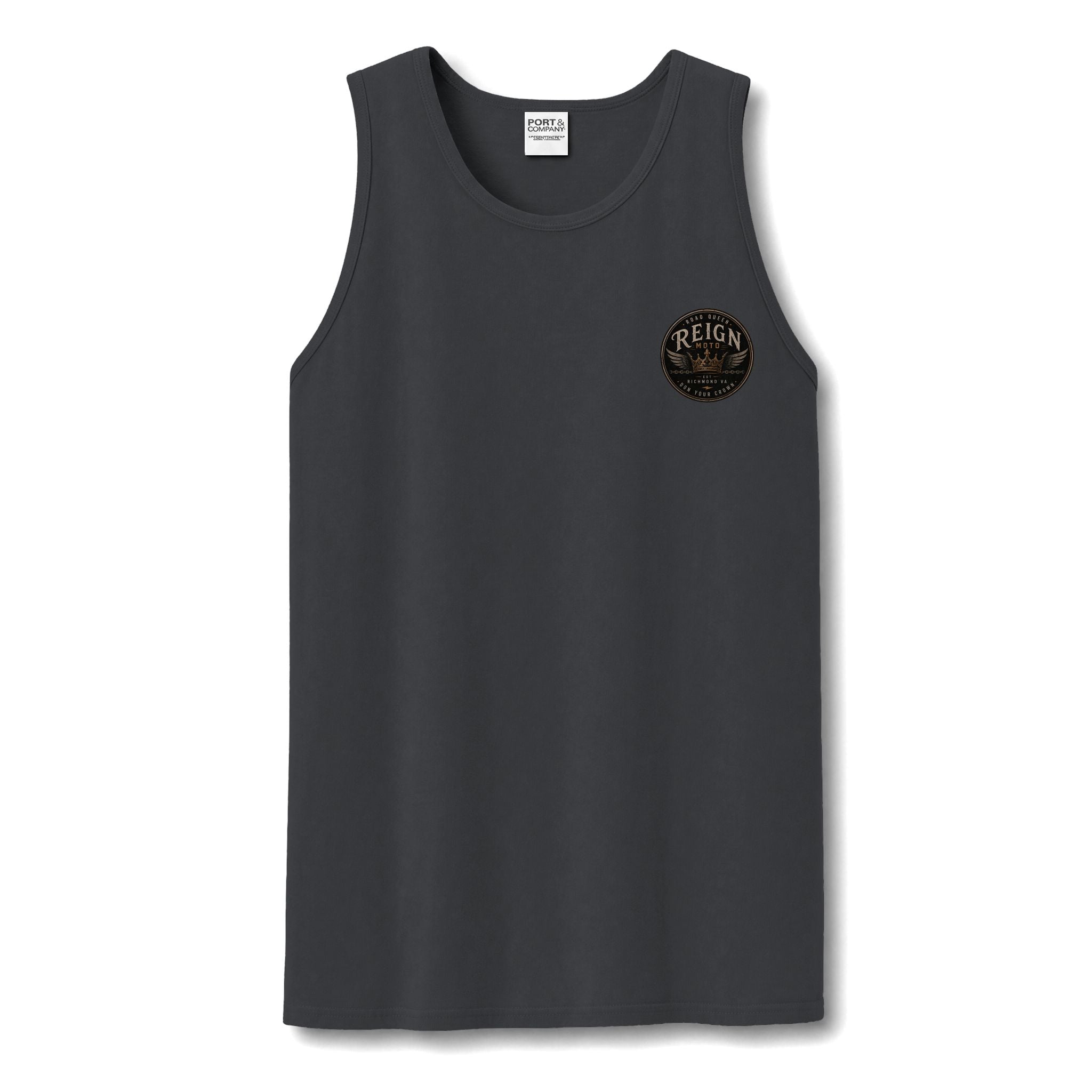 Reign Vintage Crest Tank Top — Distressed Logo Garment-Dyed Muscle Shirt