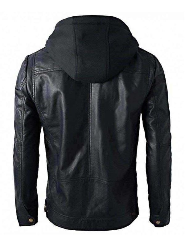 Brando Style Biker Real Leather Detachable Hoodie Motorcycle Jacket – Black