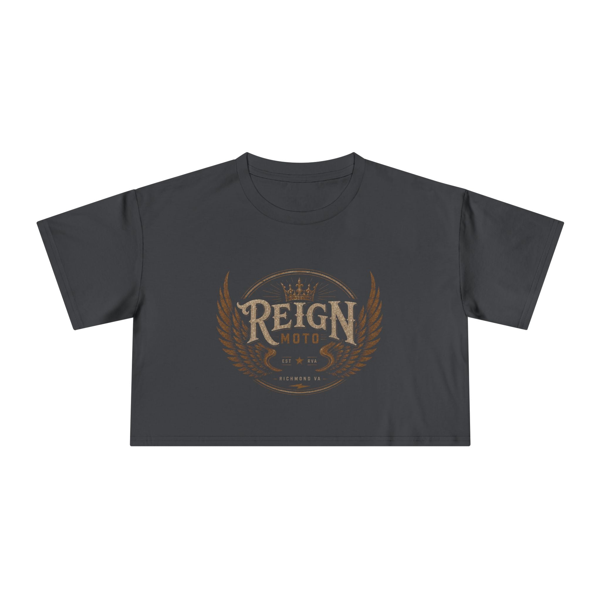 Reign Moto Women's Cropped Tee — Vintage Motorcycle Crest Crop Top