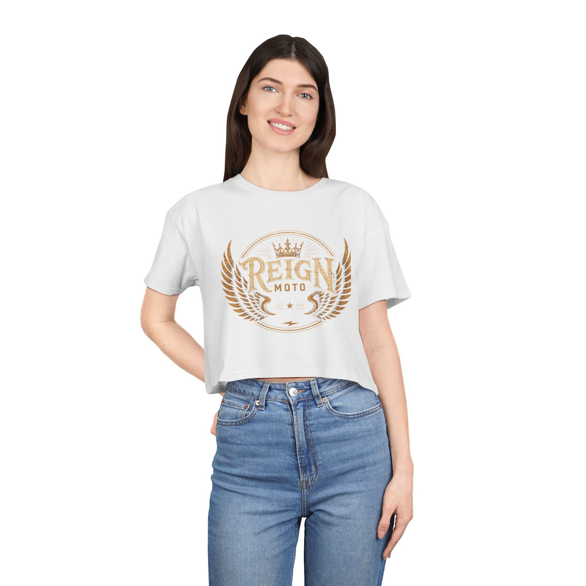 Reign Moto Women's Cropped Tee — Vintage Motorcycle Crest Crop Top