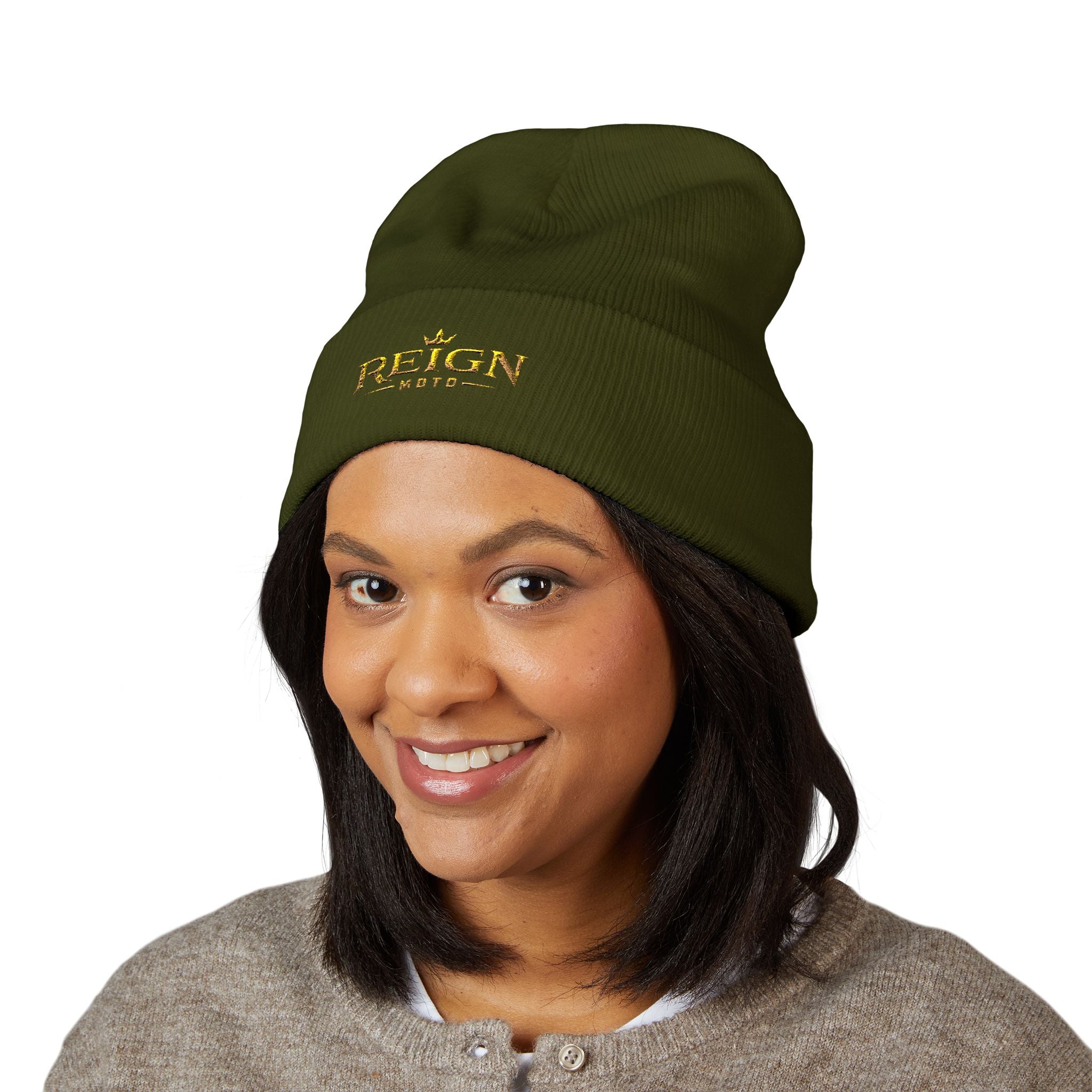 Embroidered "Reign" Cuffed Beanie — Gold Logo Knit Hat