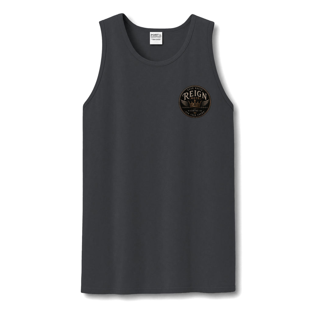 Reign Vintage Crest Tank Top — Distressed Logo Garment-Dyed Muscle Shirt