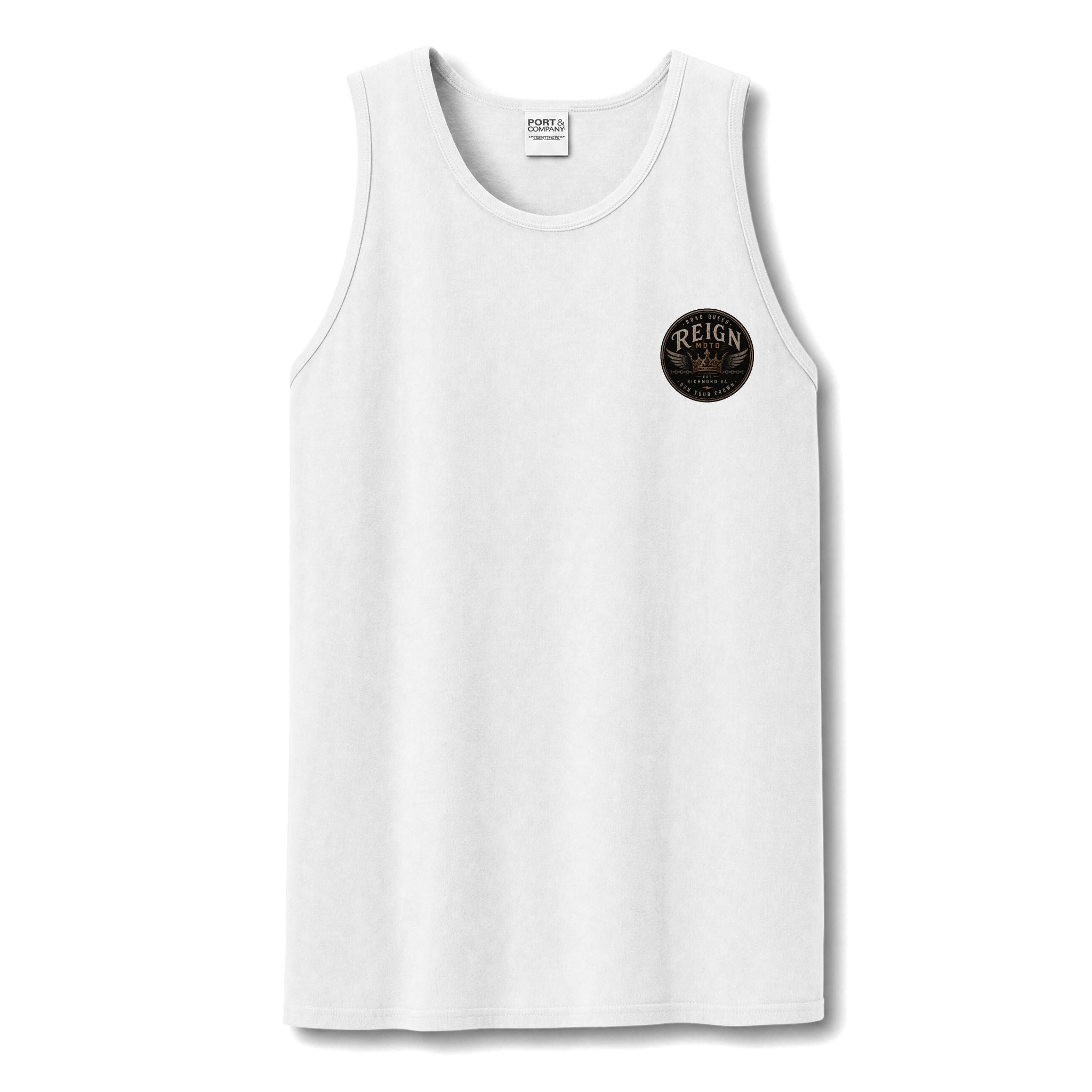 Reign Vintage Crest Tank Top — Distressed Logo Garment-Dyed Muscle Shirt