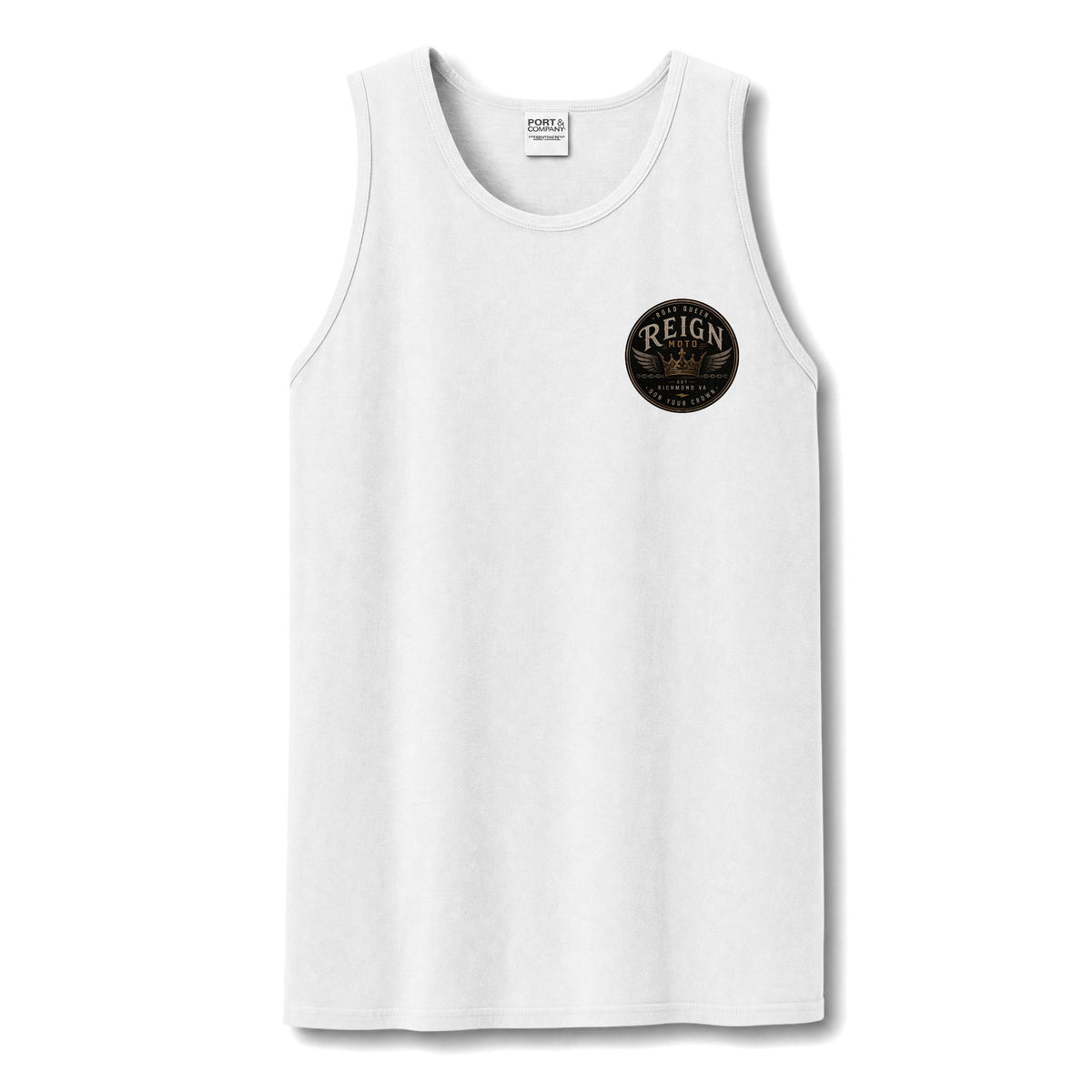 Reign Vintage Crest Tank Top — Distressed Logo Garment-Dyed Muscle Shirt