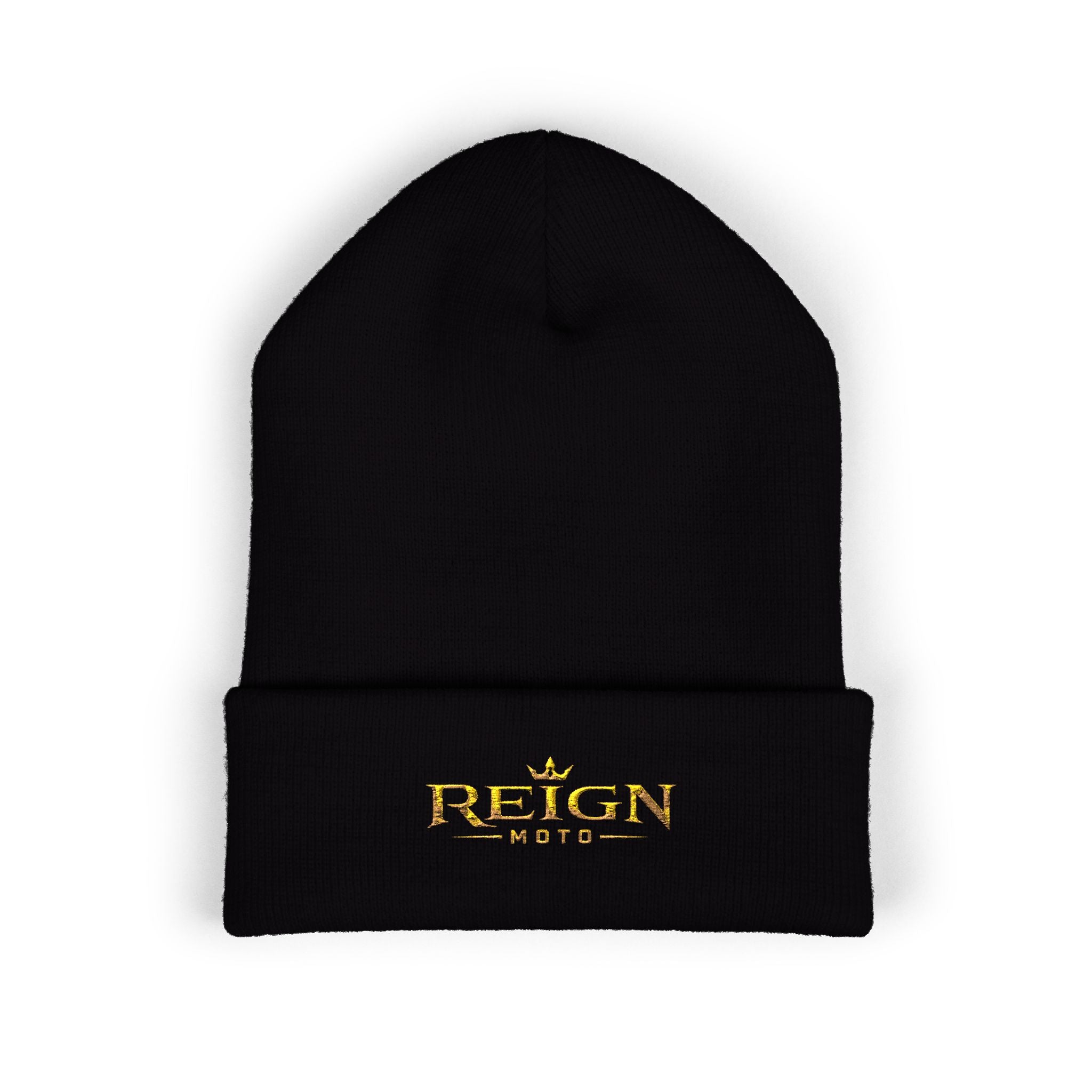 Embroidered "Reign" Cuffed Beanie — Gold Logo Knit Hat