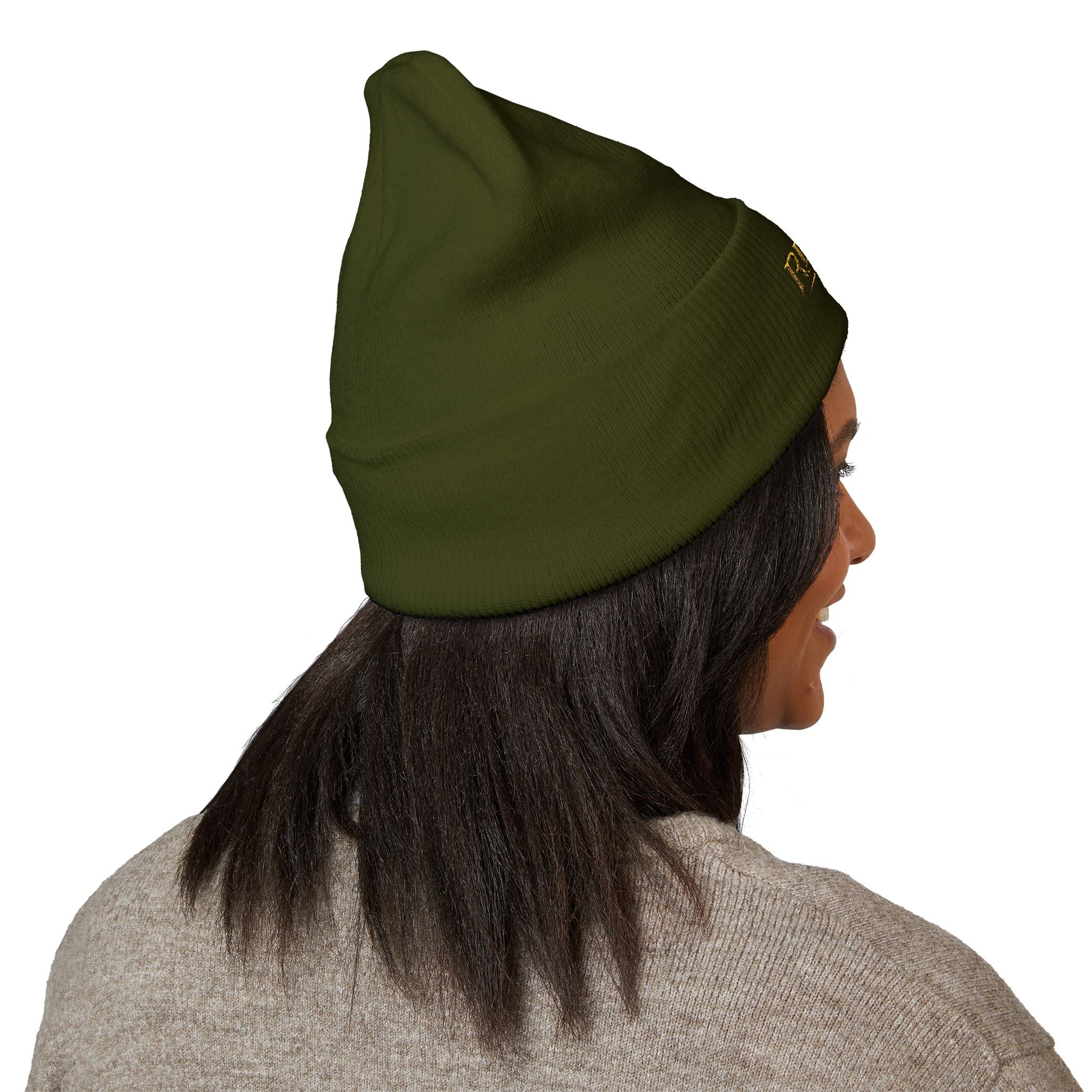 Embroidered "Reign" Cuffed Beanie — Gold Logo Knit Hat