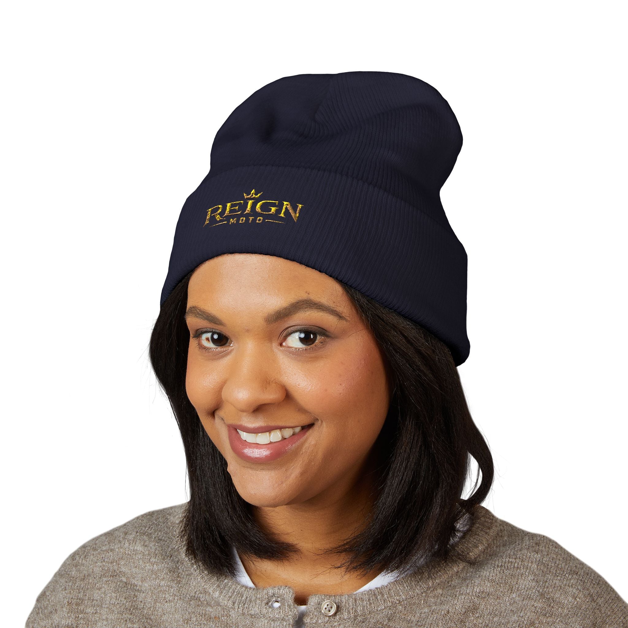 Embroidered "Reign" Cuffed Beanie — Gold Logo Knit Hat