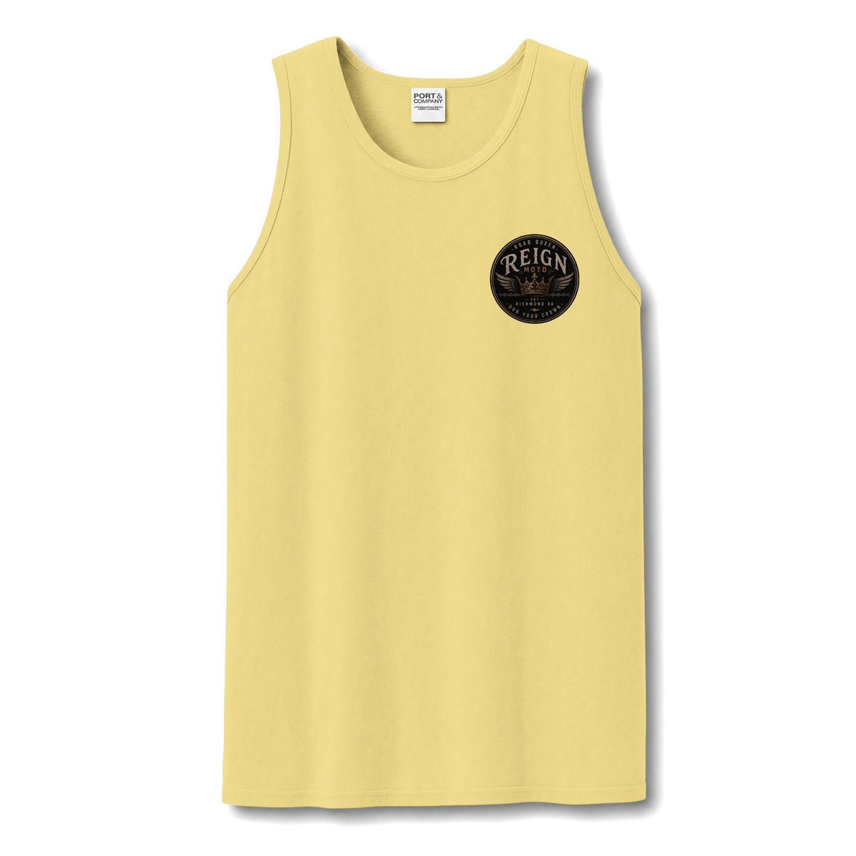 Reign Vintage Crest Tank Top — Distressed Logo Garment-Dyed Muscle Shirt