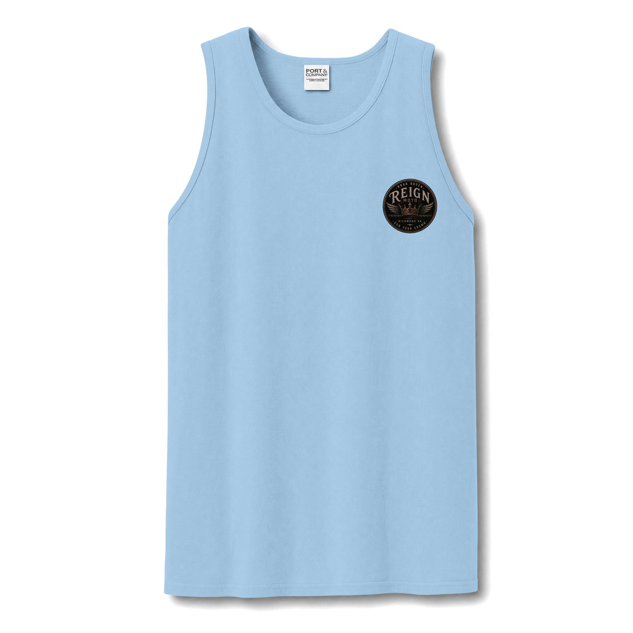 Reign Vintage Crest Tank Top — Distressed Logo Garment-Dyed Muscle Shirt